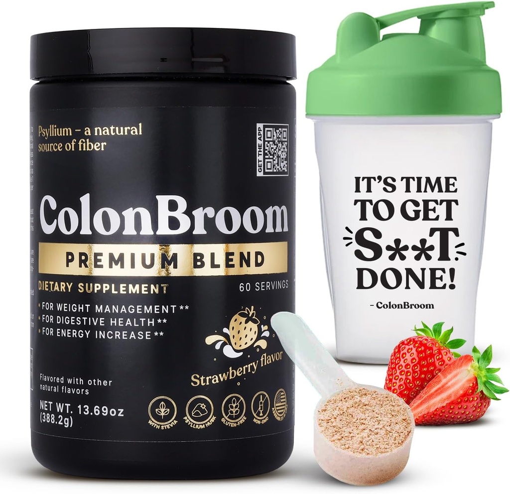 ColonBroom Premium Psyllium Husk Powder (Strawberry, 60 서빙) + Colon Broom Fiber Powder Drink Bundle 용 셰이커 병 - Bloating Relief & Gut Health 용 Colon Cleanse - 섬유 분말 보충