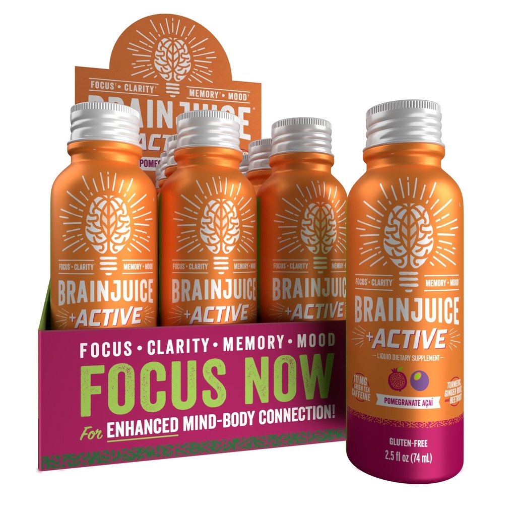 BrainJuice Active Focus & Energy Drink Shots, Endurance, Recovery & Clarity, Non-GMO, Gluten Free, Nootropics, Alpha GPC, B 비타민 및 유기농 녹차, Pomegranate Acai, 2.5 fl oz, 12 팩