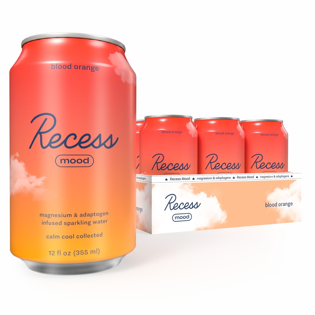 Recess Mood Magnesium & Adaptogen 음료, 휴식 음료, 12 온스 (Blood Orange, 12 팩)