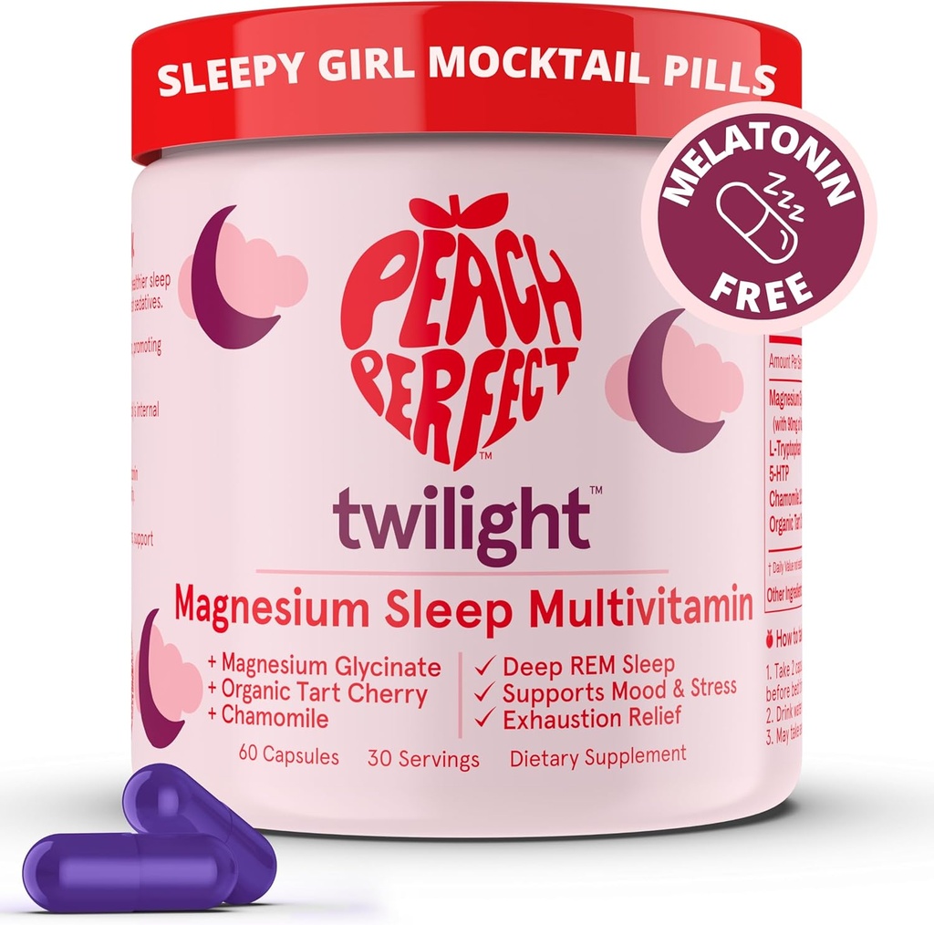 복숭아 완벽한 Twilight 마그네슘 글리세라이드 수면 Multivitamin 마그네슘 보충 유기 타트 체리, Chamomile, 5-HTP, L-Tryptophan, 자연 수면 소녀 Mocktail, 60 캡슐, 30 서빙