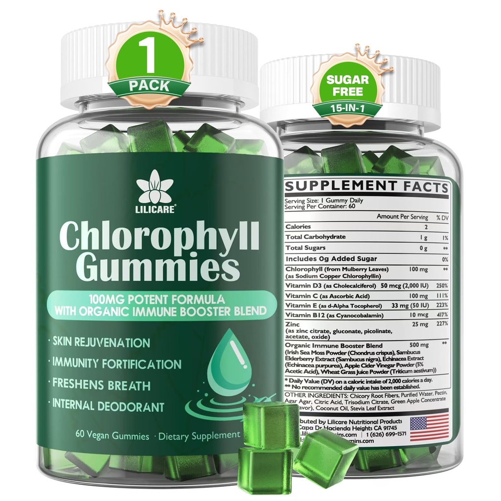 Chlorophyll Gummies - Wheat Grass, Sea Mos, Unfiltered ACV 및 Elderberry, Echinacea, 아연 복합체 및 비타민 D3, C, E, B12 천연 탈취제, 면역 및 소화 지원, 60 Chews