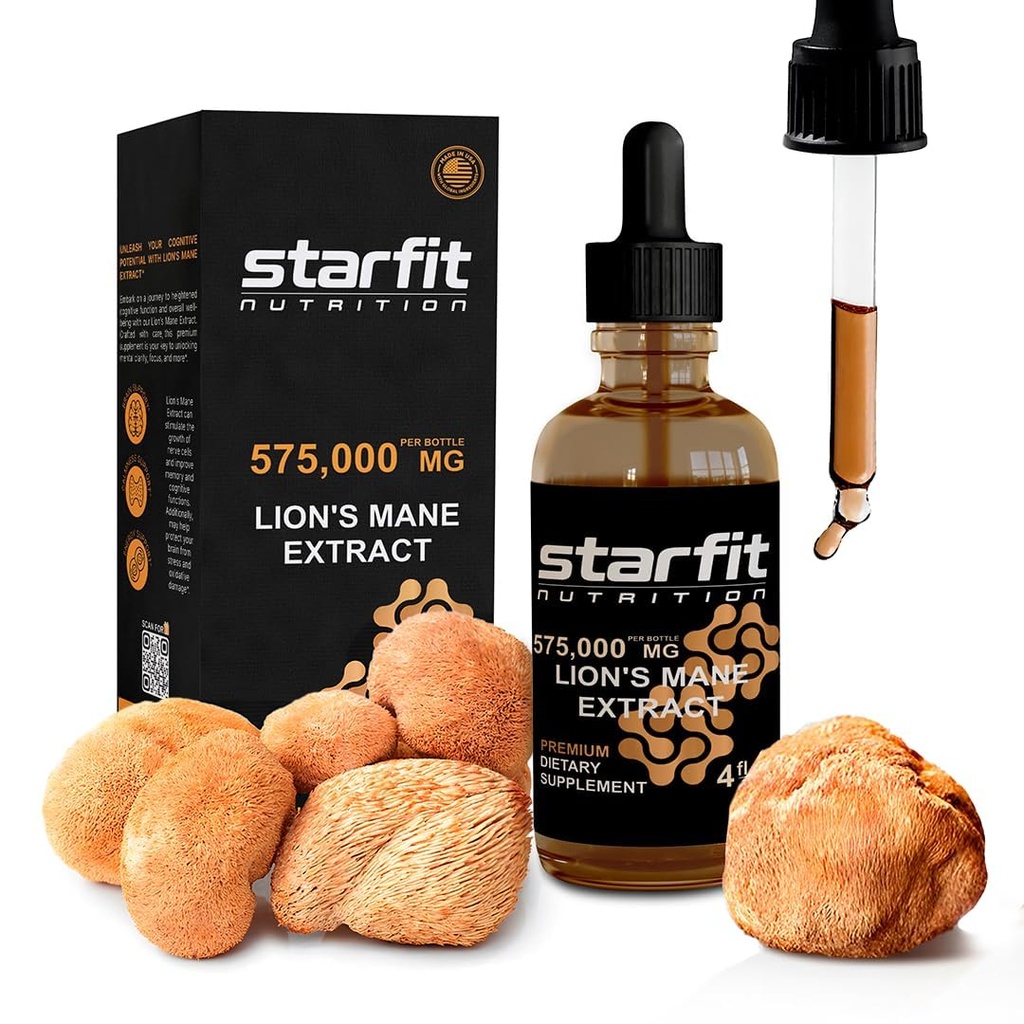 STARFIT 사자 Mane 버섯 추출물, 575,000 mg, 면역 지원, 기억 및 소화 건강, 4 fl oz를 위한 액체 보충교재