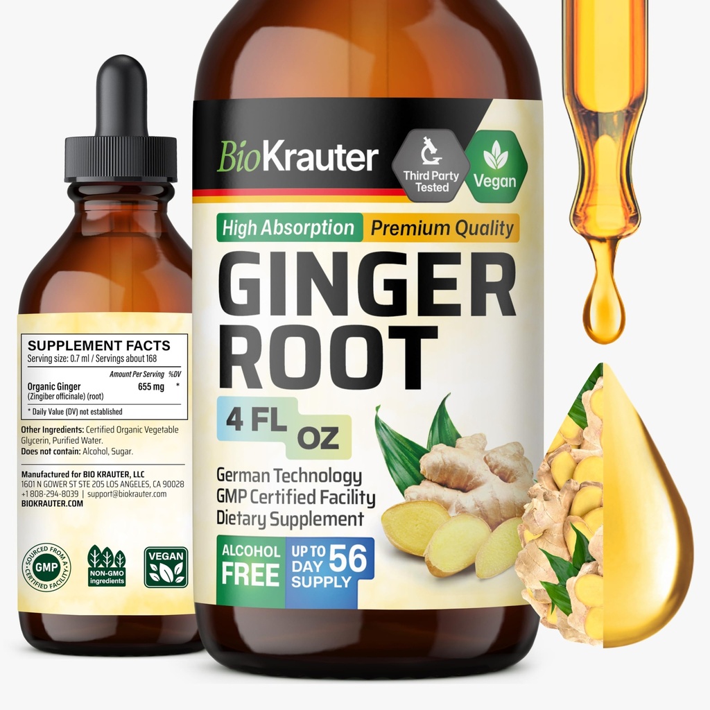 BIO KRAUTER Ginger Root Extract - 자연적인 Ginger는 전반적인 웰빙에 대 한 보충 교재 - 알코올 및 설탕 무료 - Vegan Drops 4 Fl.Oz.