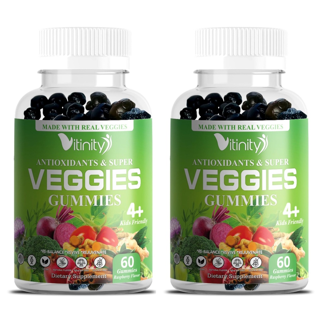 VITINITY Veggies Supplement-Made with Real Super Veggies Delicious Gummies(120 Chews),30 Veggies,Herbs,Fruit 및 야채 보충,Non-GMO,Pectin 기반,Gluten-Free,No More Pills (60 일)