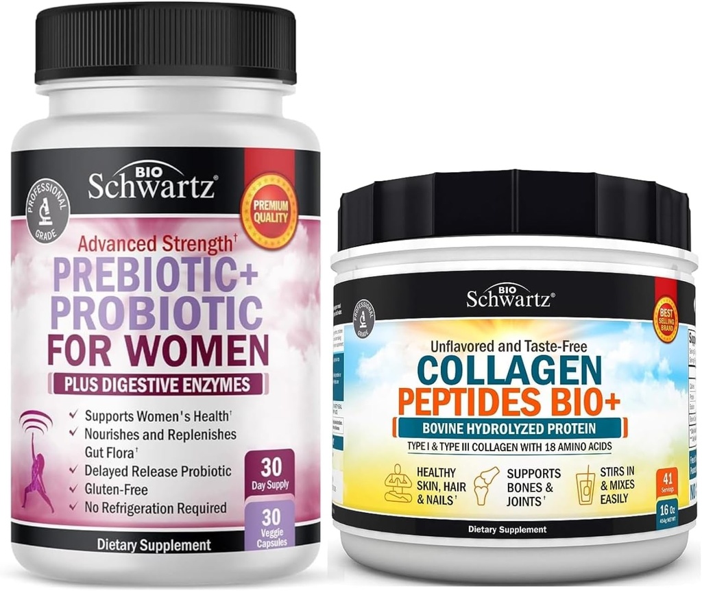 BioSchwartz Hydrolyzed Collagen Peptides Powder (40+ 서빙) Plus Prebiotics and Probiotics with Digestive Enzymes for Women (1 개월 공급)