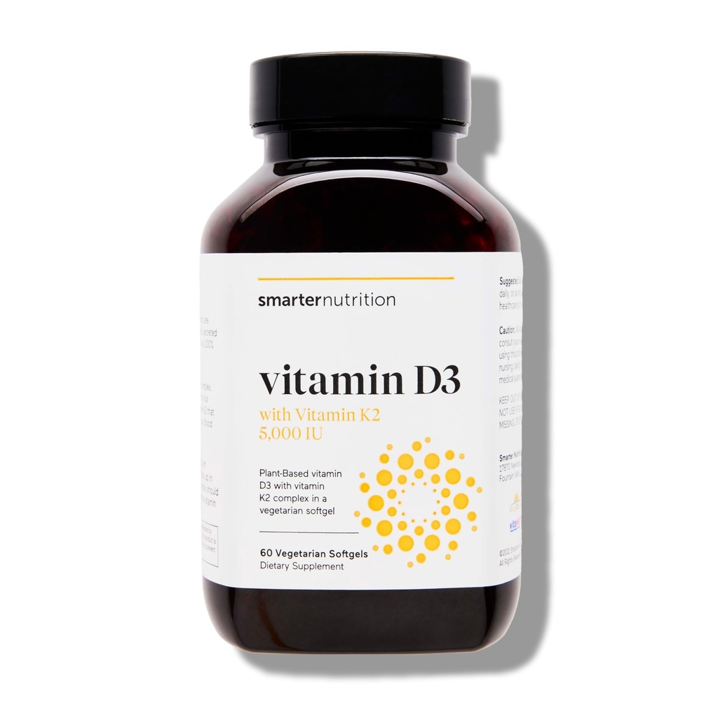 SMARTERNUTRITION Vegan 비타민 D3 5000 IU + 유기 코코넛 & 올리브 오일의 천연 비타민 K2 1100 mcg - 면역 및 뼈 지원을위한 D3 K2 보충 - 60 Softgels [30 일 공급]
