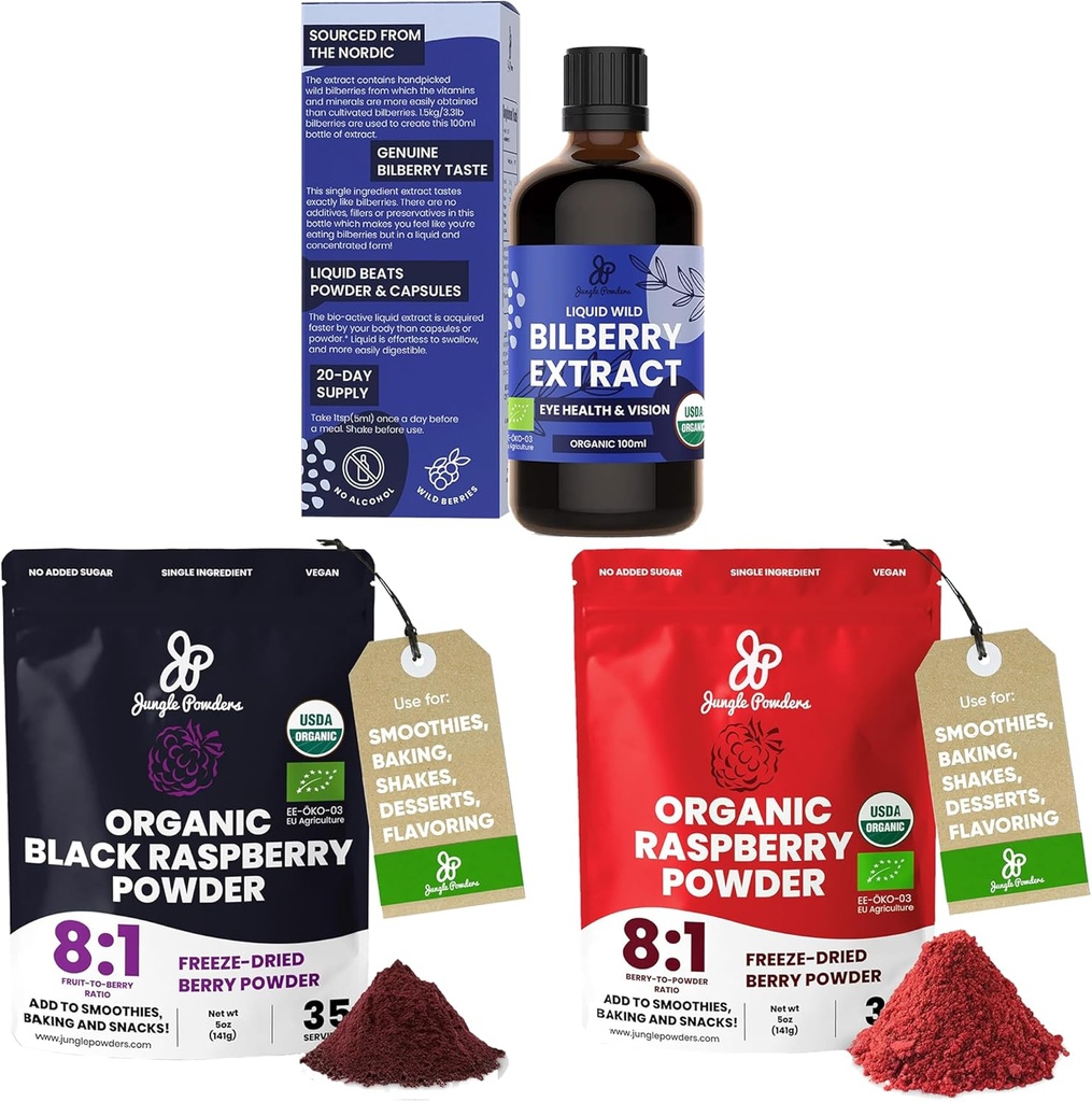정글은 눈 USDA 유기 3.4oz를 위한 야생 Bilberry 추출물을 강화합니다 병, 블랙 레드 라즈베리 분말 번들 5 Ounce 가방, 바이킹 스무디 탈수 과일에 대한 냉동 건조 Raspberry