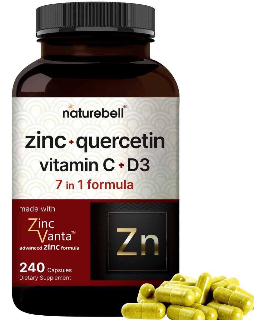 비타민 C & D3, 240 캡슐을 가진 NatureBell 아연 Quercetin | Quercetin 1,000mg + 아연 50mg + 비타민 C 250mg + 비타민 D3 5,000 IU | 4-in-1 고급 면역 및 폐 지원 | 아연반 공식