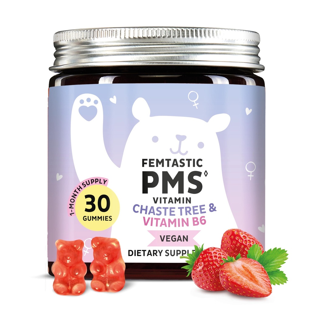 PMS 지원 여성을위한 보충. 대상 Hormonal Breakouts, Bloating, Period Cramps, & Mood Swings에 대한 생리적 구미. 비건, 비타민 B6 & 레몬 발름, 30 구미