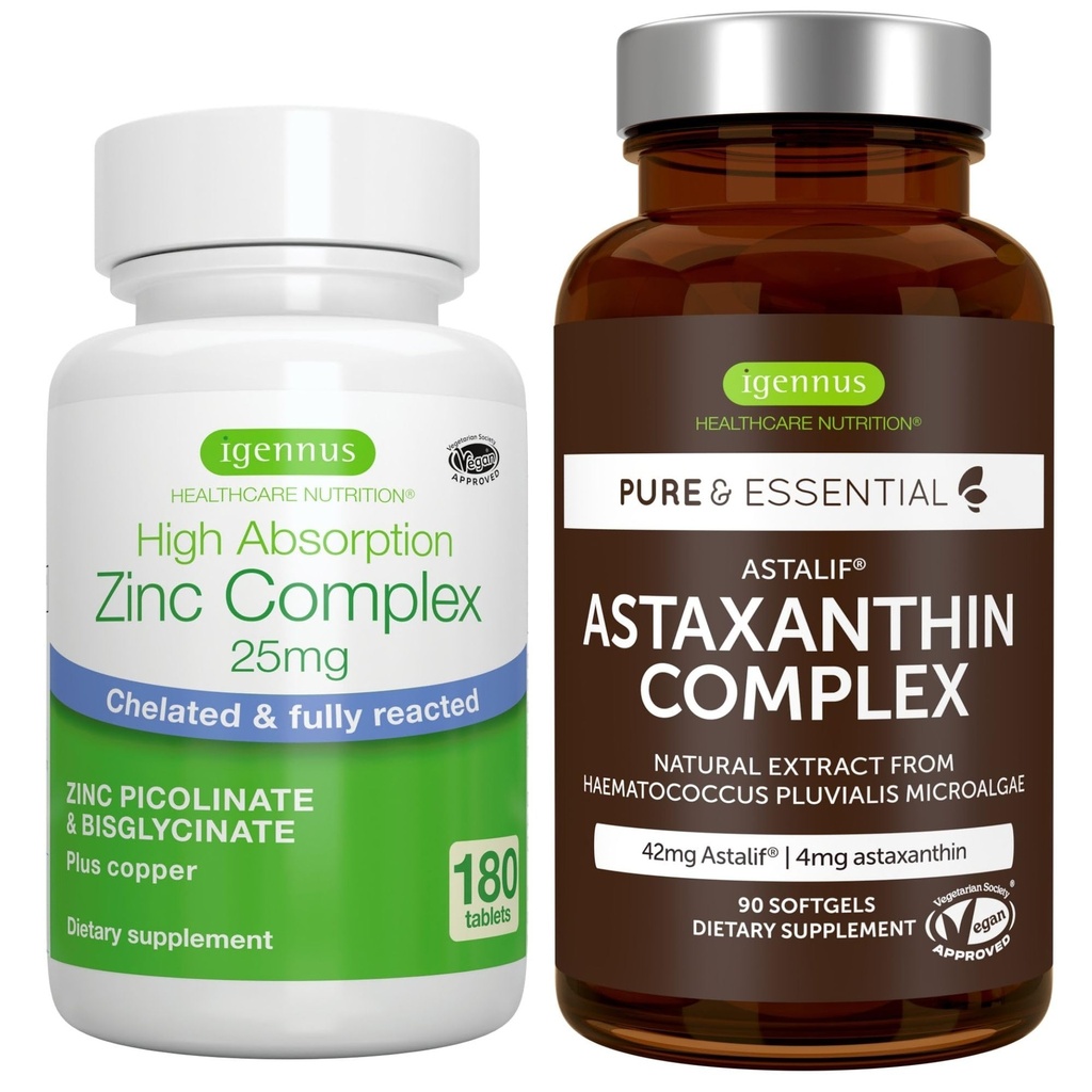 Astaxanthin Complex + 아연 Complex Vegan 번들, Igennus에 의해 피부, 머리 & 못을 위한 산화 방지제 지원