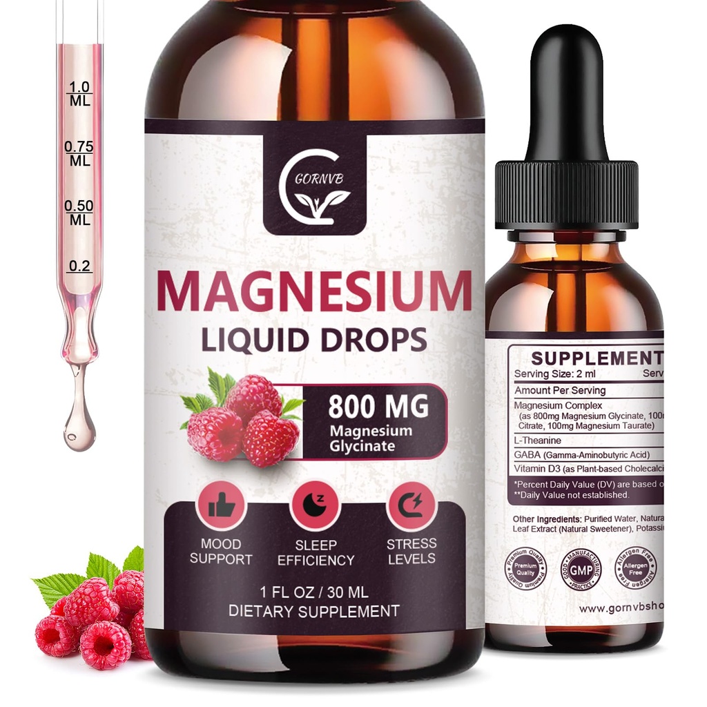 (2 팩) 마그네슘 글리세라이드 액체 드롭 | 1000mg 액체 마그네슘 복합 단지 D3, L-Thea & GABA 에너지, 수면, Nerve 및 심장 건강, 높은 흡수, 라즈베리 맛