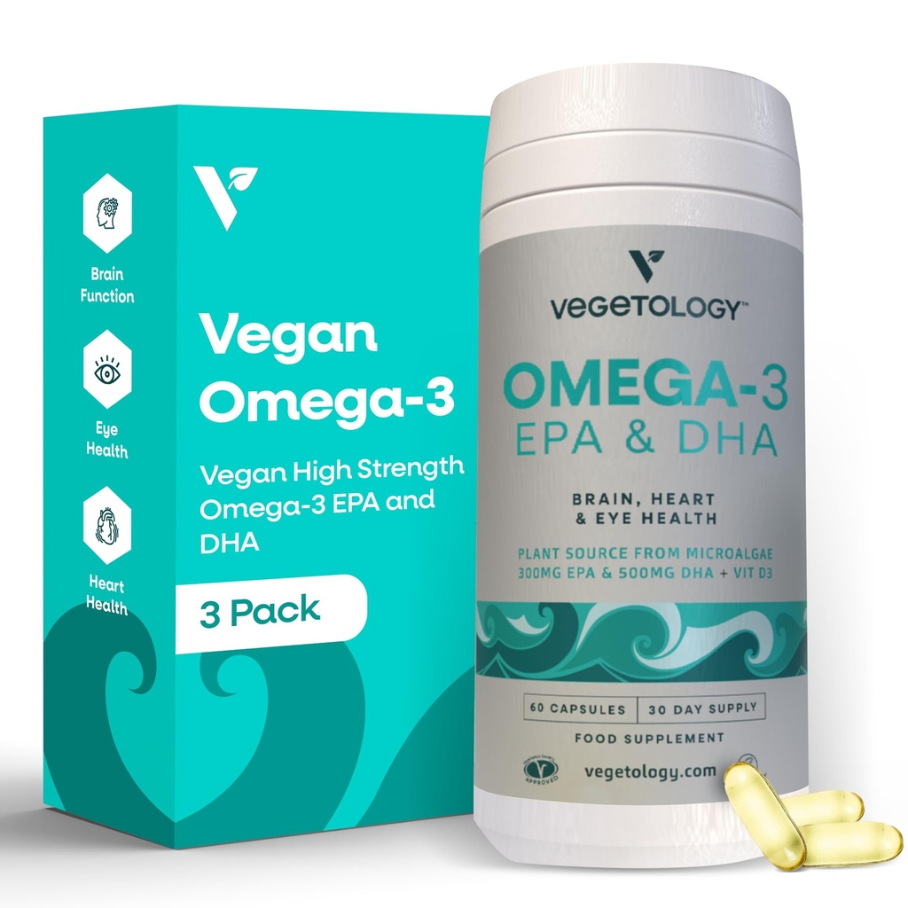 Vegan 오메가 3 보충 - EPA, DHA 보충제 & 비타민 D3 - 뇌, 눈 및 심장 건강을위한 조류 오메가 3 Vegan 보충제 - 어린이를위한 & 성인 (180 캡슐)