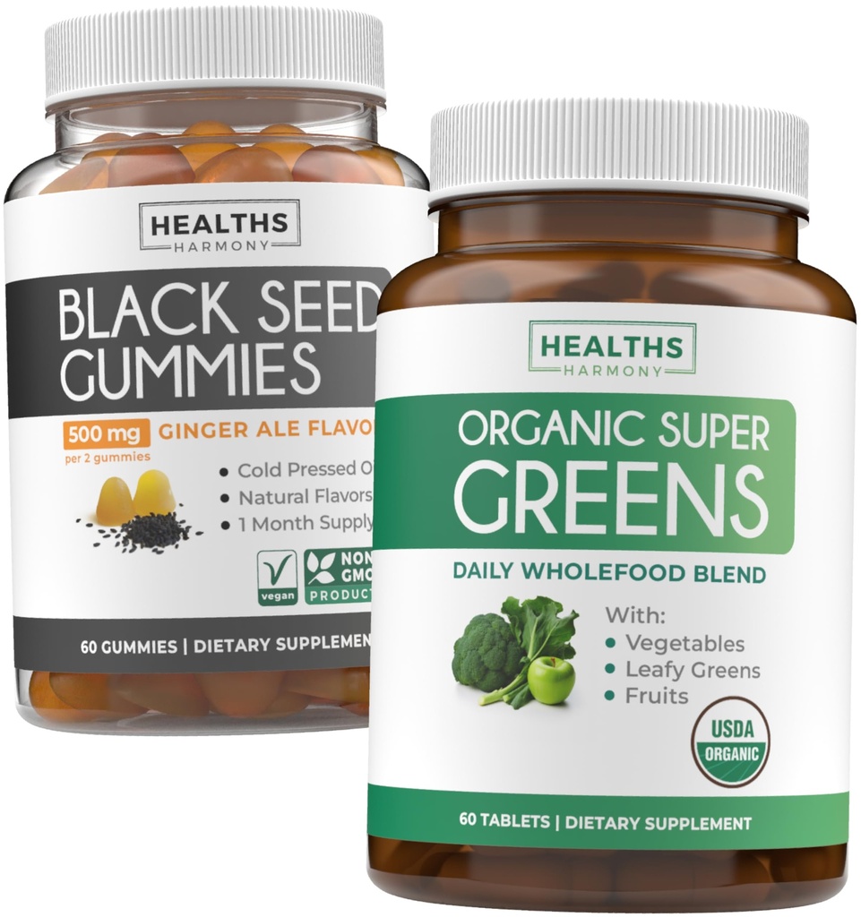 Black Seed Oil Gummies & Super Green (1-Month) - 매일 Green Boost - Black Seed Oil Gummies Ginger Ale flavor Cold-Pressed Nigella Sativa & Organic Super Green은 슈퍼 푸드 보충을 완료합니다.