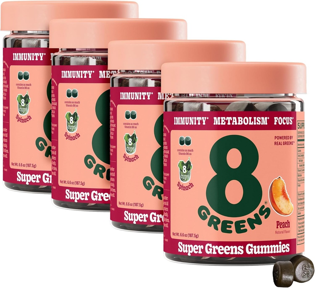 8Greens Supergreens Gummies | Metabolism, Immunity & Focus, Digestive Health Enzymes, Organic : Chlorella, Spirulina, Aloe Vera, Peach flavor, 200 카운트를위한 슈퍼 그린 파우더 슈퍼 푸드 거미