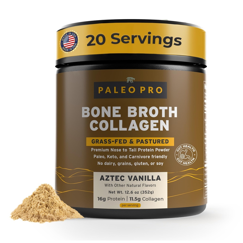 PaleoPro 뼈 Broth Collagen Protein Powder - 피부 및 뼈를위한 심황 뿌리 잔디 볶음 콜라겐 분말 - 글루텐 무료, 설탕 없음, 콩, 곡물, 그물 캐비넷 - Paleo Keto Friendly 20 서빙 Aztec Vanilla