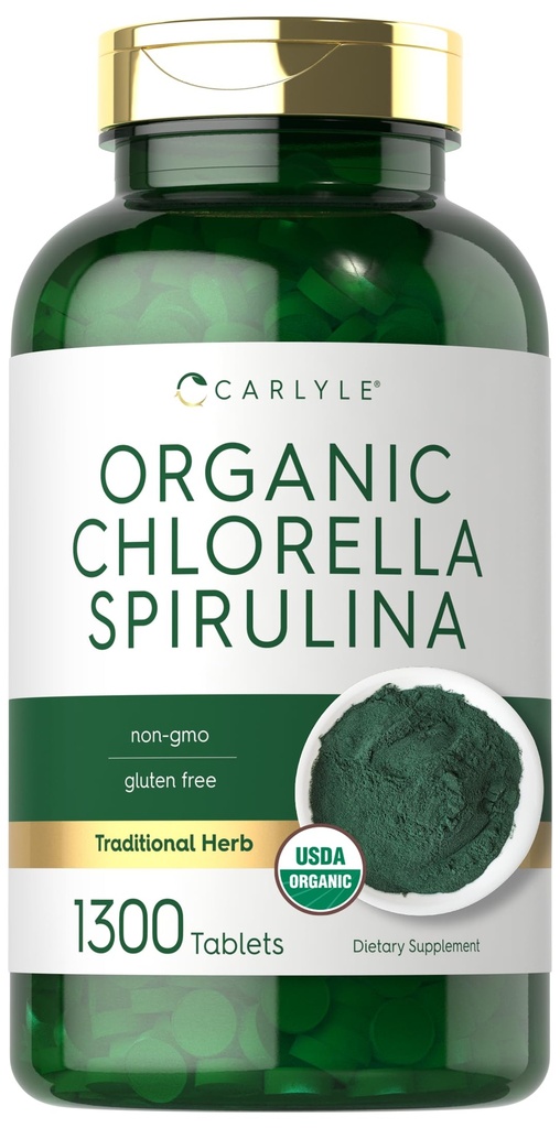 Carlyle Organic Chlorella Spirulina Tablets | 1300 개 | 50/50 혼합 | Non-GMO 및 글루텐 무료 보충