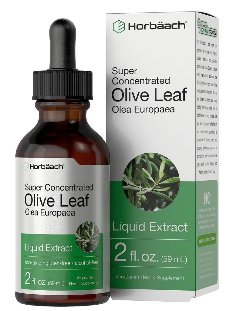 Horbäach Olive Leaf Extract Liquid | 2 fl oz | 슈퍼 강도 | 알코올 무료, 채식주의, 비 GMO, 글루텐 무료