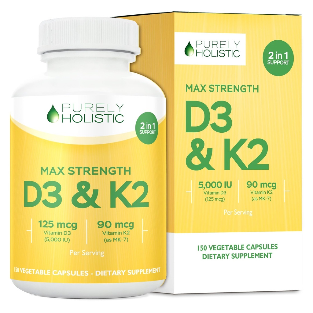 Purely Holistic 비타민 D3 125mcg와 비타민 K2 90mcg MK7-4 달 공급 150 채식 캡슐 - 비타민 D3 & K2 Menaqunione - 미국에서 만드는 고강도 Cholecalciferol