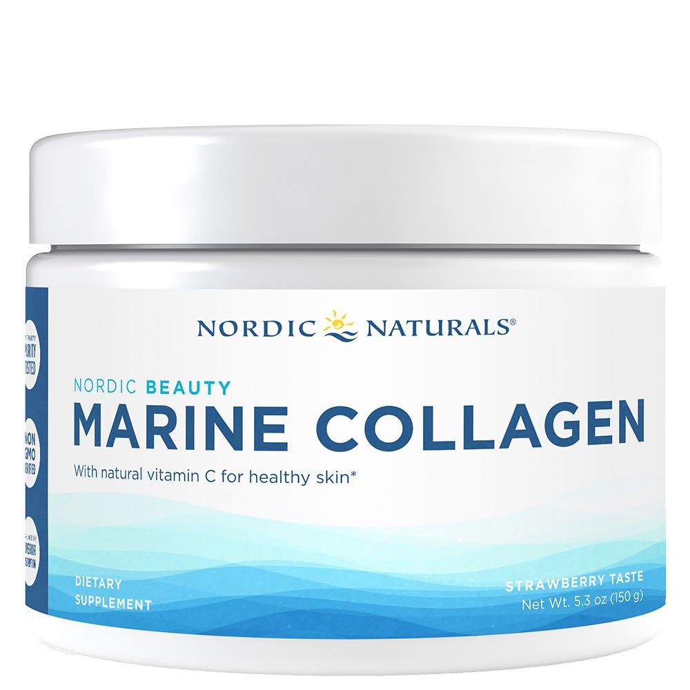 Nordic Naturals Nordic Beauty Marine Collagen Powder, Strawberry - 5.29 Ounces - 건강한 피부, 관절 및 뼈, 항 산화 지원을위한 비타민 C를위한 교원질 분말 보충 - 30 서빙