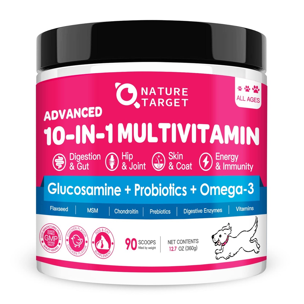 NATURE TARGET Dog Vitamins Powder, Probiotics & Digestive Enzymes for Gut Health, Glucosamine & Chondroitin & Omega 3, 집에서 만든 개 식품, 관절 및 피부 & 면역 지원을위한 완벽한 보충