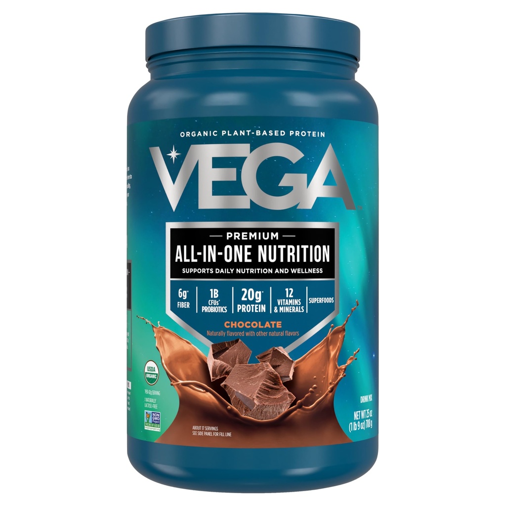 Vega Organic All-in-One Vegan Protein Powder, Chocolate - Superfood Ingredients, 면역 지원을위한 비타민, 여성 및 남성용 완두 단백질, 25 Oz (포장 월병)