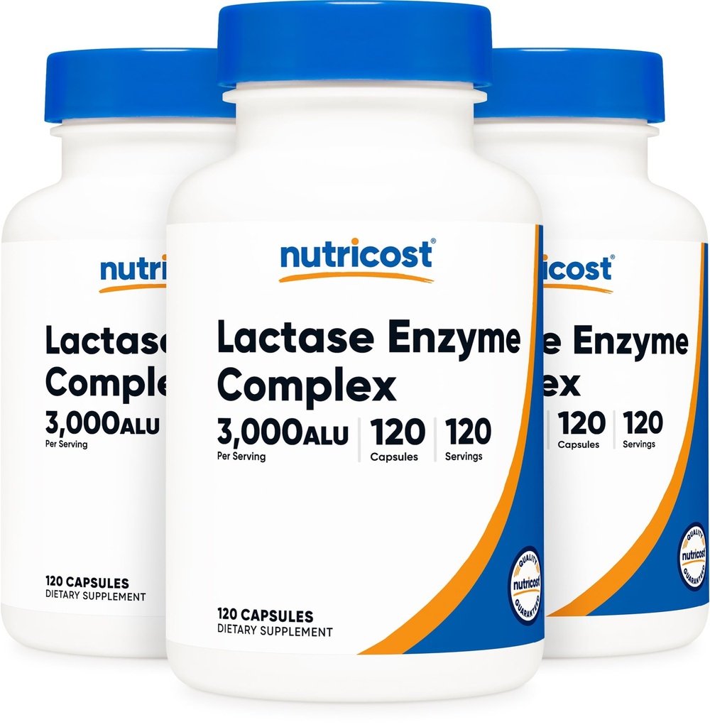 Nutricost Lactase 효소 복합 3,000 FCC ALU, 120 Veggie 캡슐 - Non-GMO, 글루텐 무료, 120 서빙 (3 병)