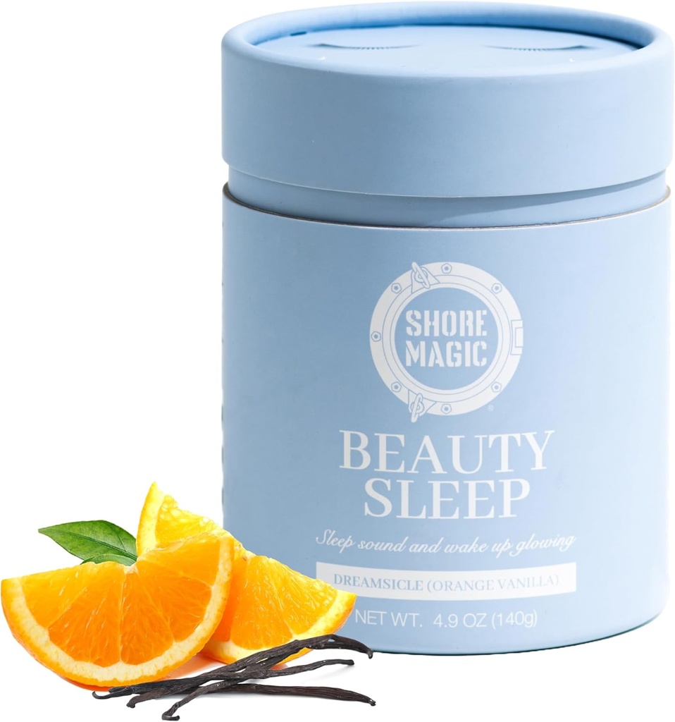 프리미엄 마린 콜라겐 (Premium Marine Collagen)과 함께 마법의 아름다움 수면 - 마그네슘 및 L-Theanine과 하이드로 즈드 유형 I-IV 펩타이드, Relaxation & Restful Sleep, Orange-Vanilla 풍미, Sugar-Free,Melatonin-Free