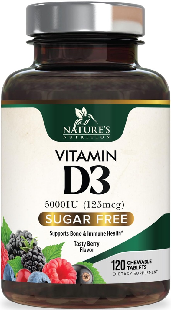 비타민 D3 5000 IU (125 mcg) Immune 지원 건강을 위해 자연의 여분 힘 비타민 D 보충교재 Chewable - 뼈, 이 및 근육 보충교재 - 설탕 자유로운, 비 GMO, 글루텐 자유로운 - 120의 조사 정제