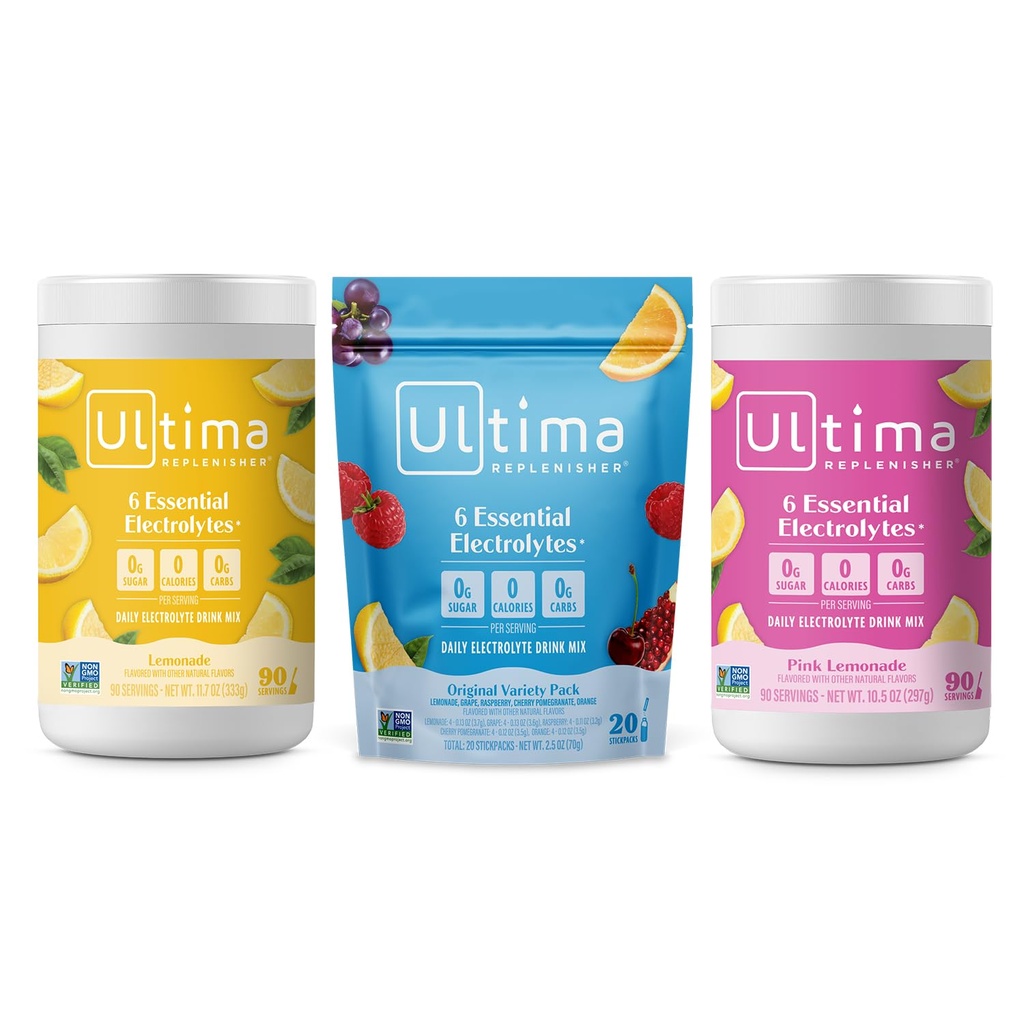 Ultima Replenisher Electrolyte Powder Drink Mix Bundle – Sugar Free – Lemonade, Pink Lemonade, Variety-90 서빙, 20 Stickpacks– 6 Electrolytes 및 Minerals – Keto Friendly, 비 GMO