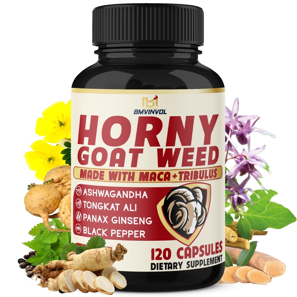 BMVINVOL Horny Goat는 Maca, Tribulus, Ginseng, Ashwagandha, Tongkat Ali를 가진 남자와 여자를 위해 잡았습니다 - 4 달 공급을 위한 120의 캡슐