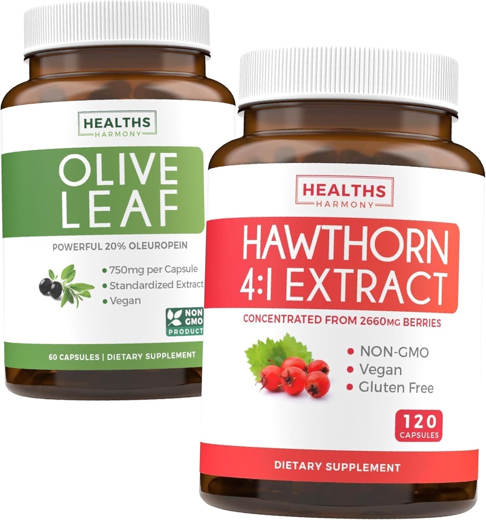 올리브 잎 추출물 & Hawthorn Berry Extarct의 번들 - 건강한 허브 번들 - 20 % Oleuropein & Hawthorn Berry 4 : 1 추출물과 올리브 잎 추출물 - 2660mg 신선한 Berries (120 모자)에서 농축