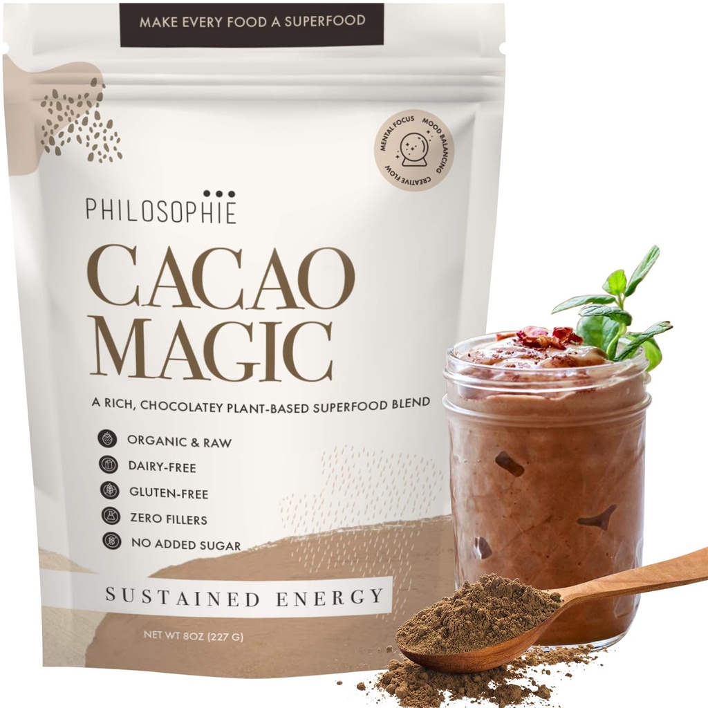 Philosophie 유기 Cacao 마술 Superfood 혼합 – 익지않는 Cacao, Reishi Mushroom & Maca 뿌리를 가진 식물 기초를 두는 단백질 분말 – Unsweetened Vegan 초콜렛 보충교재, 32의 서빙