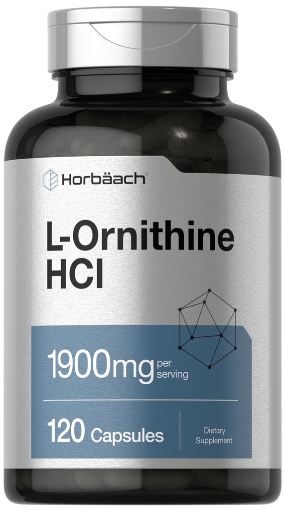 Horbäach L Ornithine HCl | 1900mg | 120 캡슐 | 비 GMO 및 글루텐 무료 보충