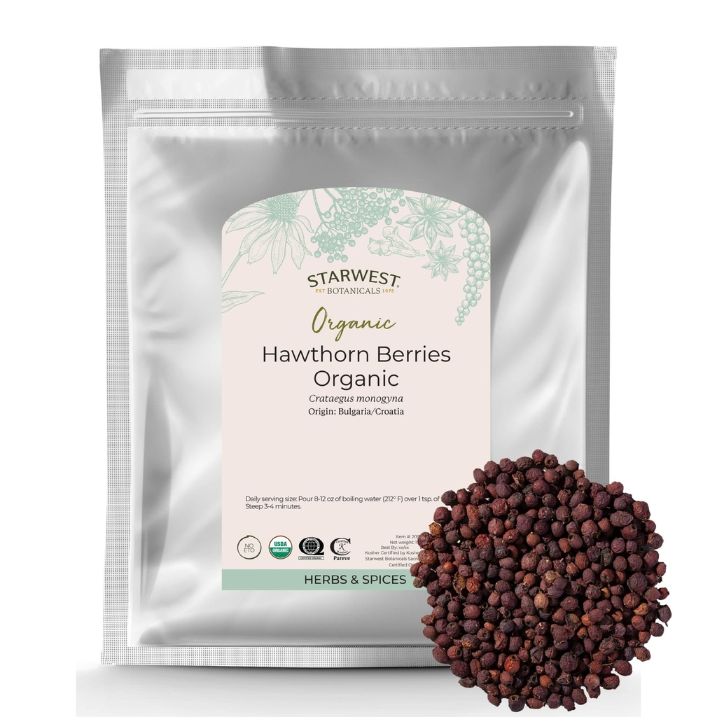 Starwest Botanicals Organic Hawthorn Berries Whole - 차, 잼, & 초본 추출물, 천연 소화 지원, 인증 Kosher, Non-GMO - 대량 1 lb 가방에 대한 느슨한 잎 허브