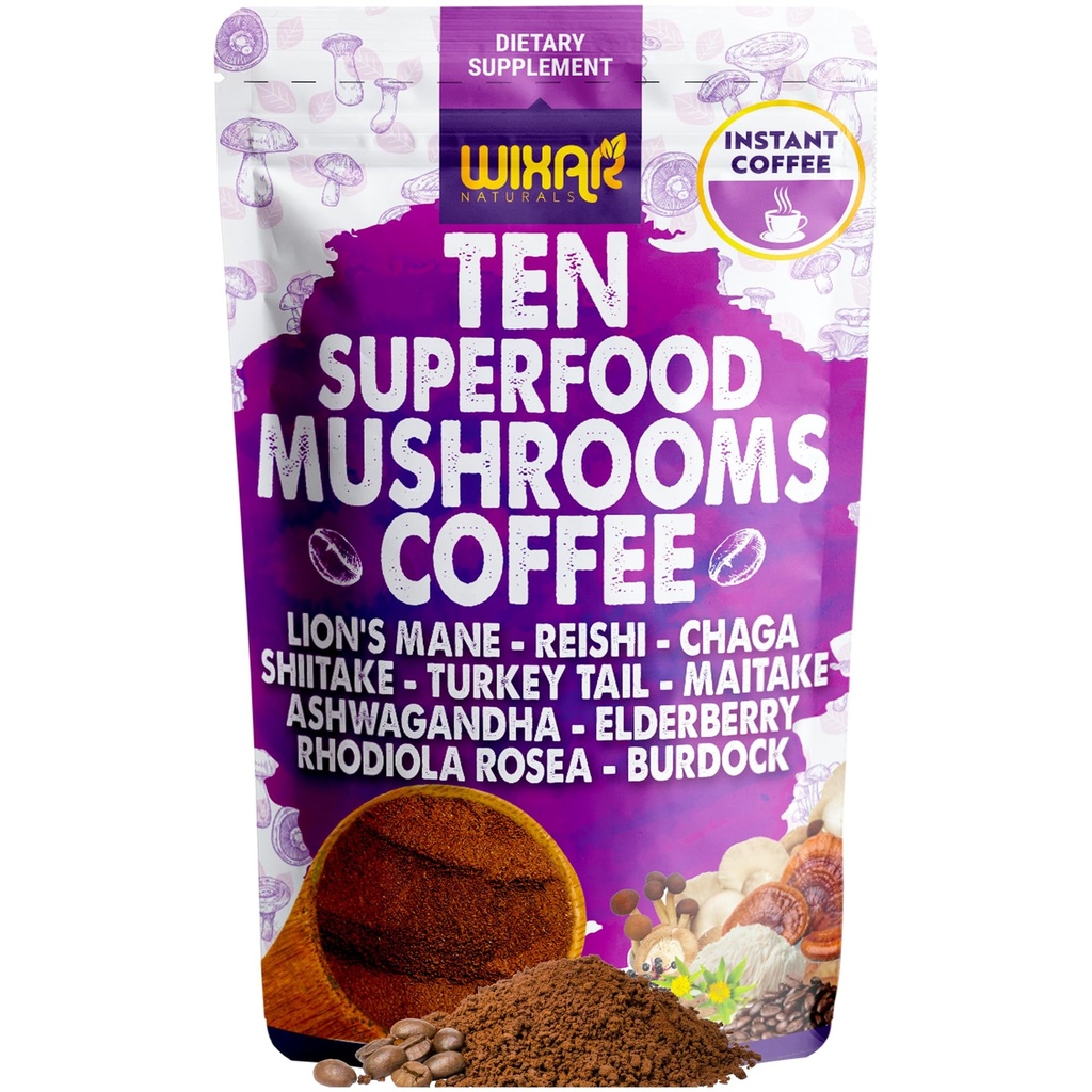 WIXAR Superfood Mushroom Coffee - 인스턴트 커피 분말, 사자 Mane, 터키 꼬리, Reishi, Chaga, Shiitake, Ashwagandha, Rhodiola Rosea, Elderberry, 5oz Mushroom Supplement와 함께 Ten Superfood 추출물