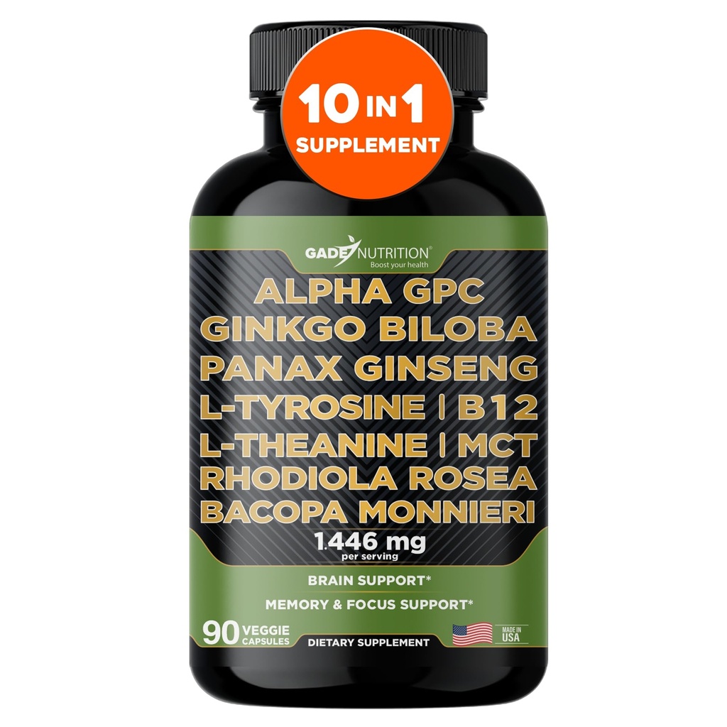 Gade 영양 알파 GPC + Ginkgo Biloba + Panax Ginseng + L- 티로신, L-Theanine, Bocopa Monnieri, Rhodiola Rosea, B12, MCT