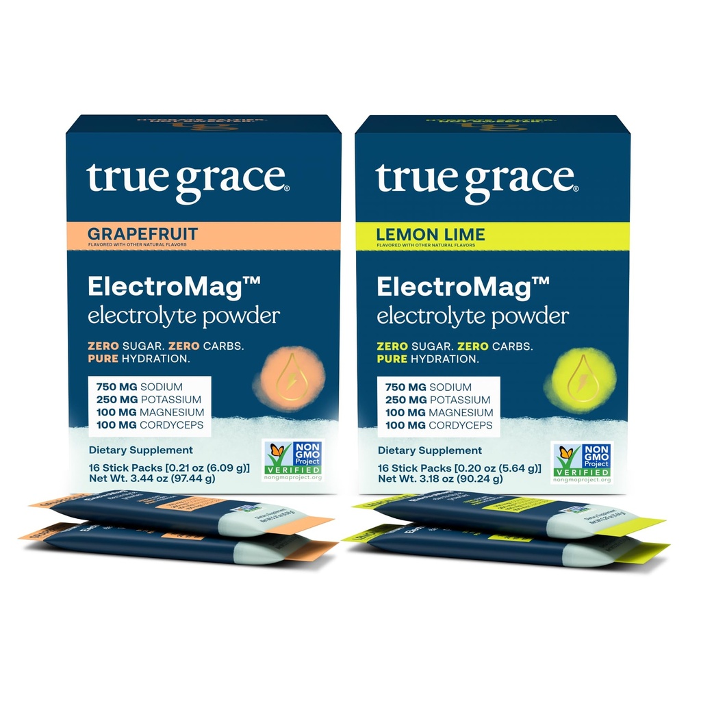 True Grace ElectroMag - 자몽 (16 스틱 팩) + 레몬 라임 (16 스틱 팩) - Rapid Hydration 용 Electrolyte 분말 - Zero Sugar & Carbs - Non-GMO - 32 총 서빙