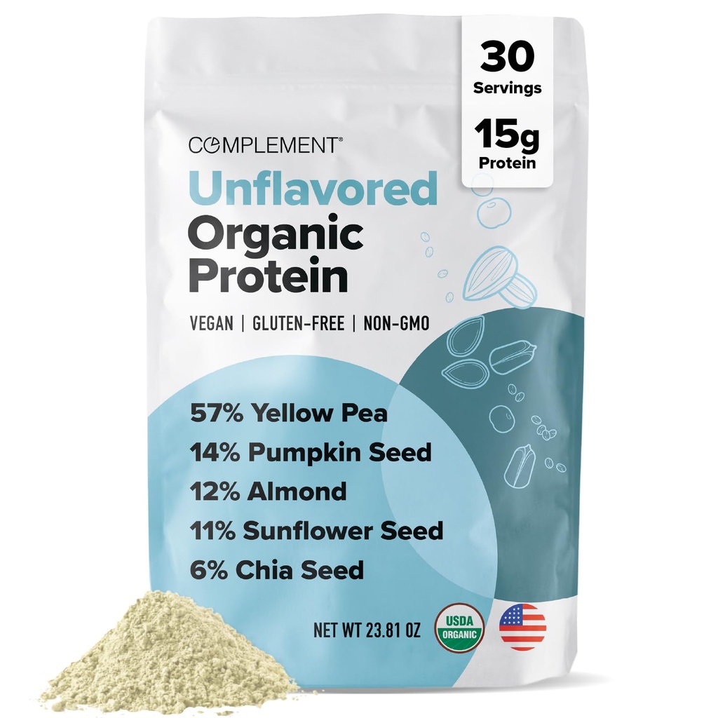 Complement 유기 Unflavored Vegan 단백질 분말 (30의 봉사) 낮은 Carb, 낮은 Calorie, 설탕 자유로운, Soy 자유로운, 비 GMO, 글루텐 자유로운, 비 낙농장 황색 완두, 호박씨 15g 식물 근거한 단백질 분말
