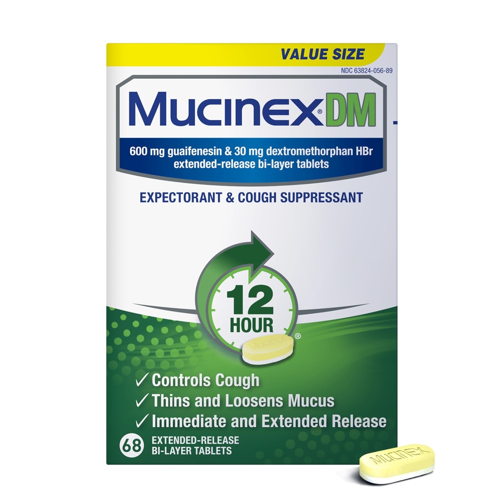 Mucinex DM 12Hr Chest Congestion & 성인을 위한 기침 약, Excess Mucus 기복을 위한 찬과 기침 약, 600 mg Guaifenesin & 30 mg Dextromethorphan HBr, 68 Bi-Layer 정제