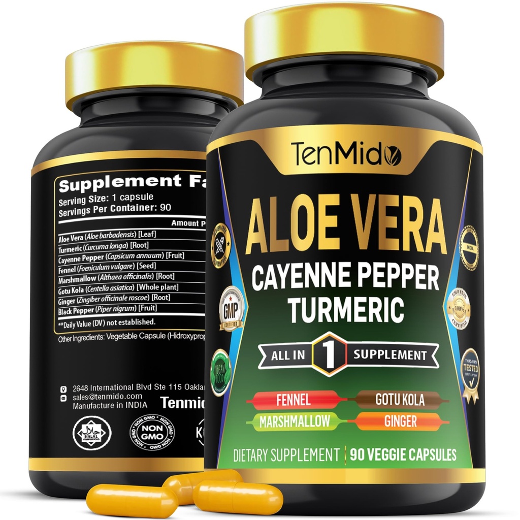 알로에 Vera 캡슐 보충교재 - 8in1 공식 - Turmeric, Cayenne Pepper, Marshmallow, Fennel, Gotu Kola, Ginger 및 Black Pepper와 결합 - 3 달 공급을 위한 90의 캡슐