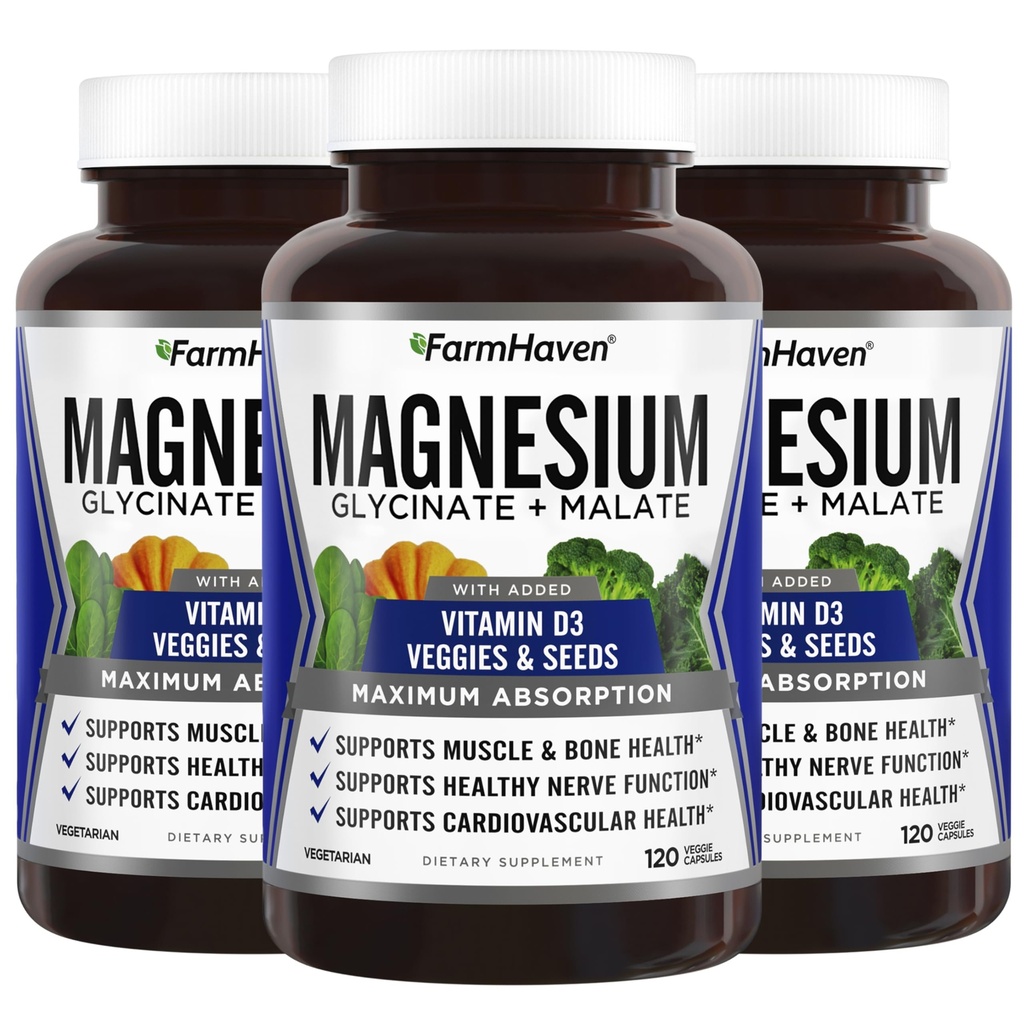 FarmHaven Magnesium Glycinate & Malate Complex w/ Vitamin D3, 최대 흡수, Vegan – Bone 건강, Nerves, 근육, 360 캡슐, 180 일 동안 킬레이트