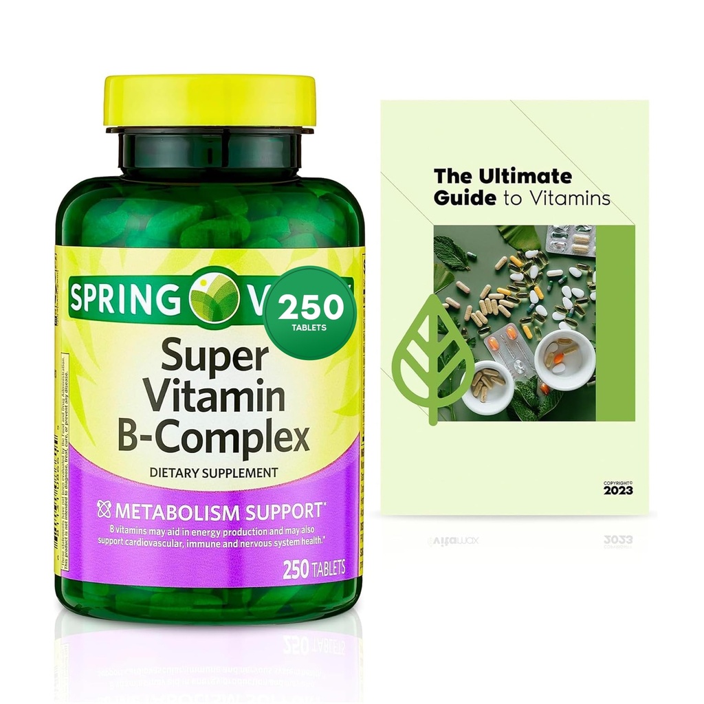 Sprin Val-Ley Super Vitamin B-Complex Tablets Dietary Supplement Value Size, 250 Count (8 개월 이상 공급) + 독점적 인 Vtmx 비타민 가이드 (2 항목)
