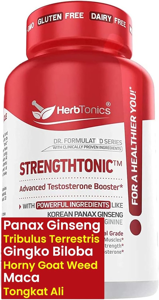 Herbtonics 남성을위한 테스토스테론 지원 보충교재 - 한국어 Panax Ginseng & Tribulus Terrestris - 건강한 에너지, 힘 및 체력 지원 - 60 Vegan 캡슐