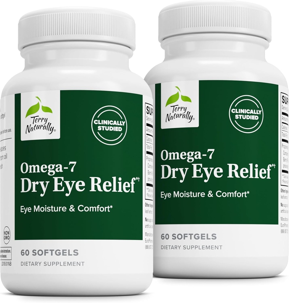 Terry Naturally Omega-7 드라이 아이 릴리프 - Buckthorn Seed Oil과의 눈 건강 보충 - 아이 드라이 아이 릴리프에 다이어트 보충 - 60 Softgels, 2 팩