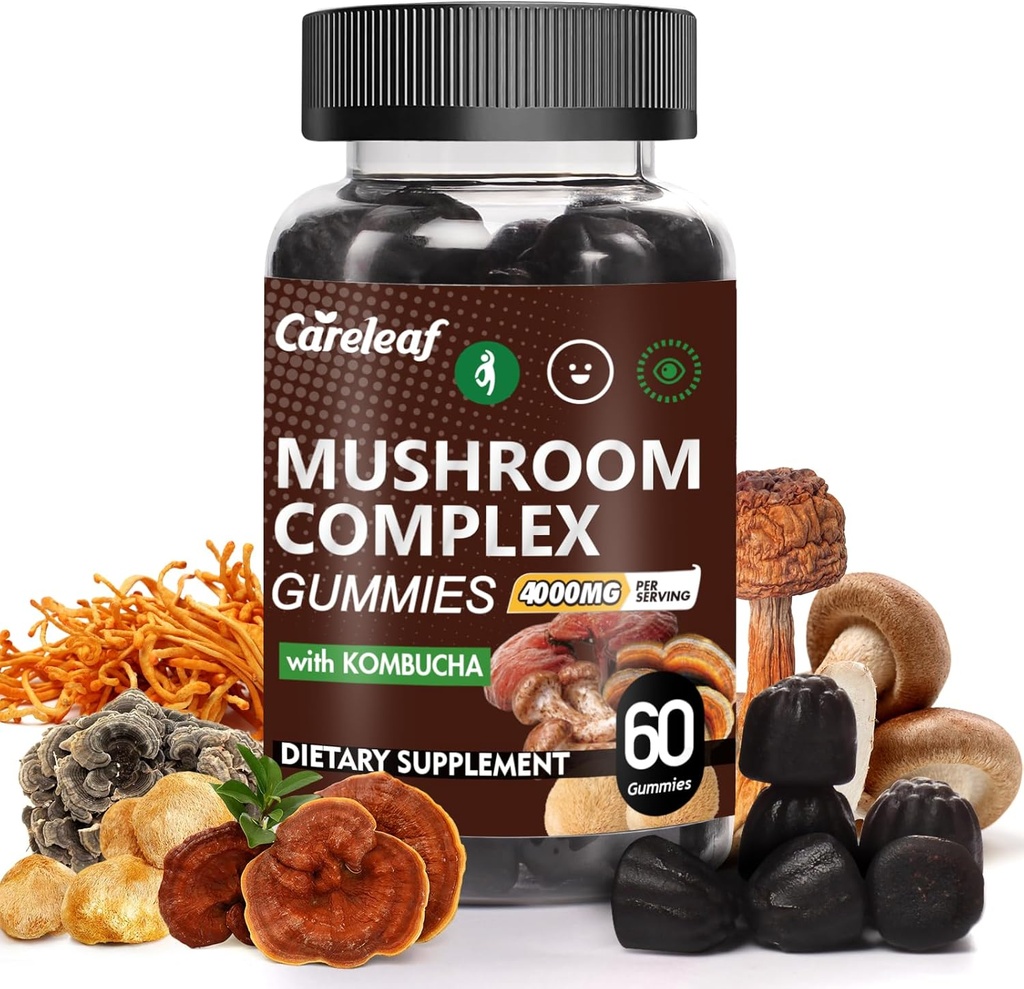 9 in 1 Mushroom Gummies with Lion's Mane for Focus Supplement and Energy Supplements to Support Immune System De-Stress Boost Mood & Energy 60 Count Kombucha 풍미