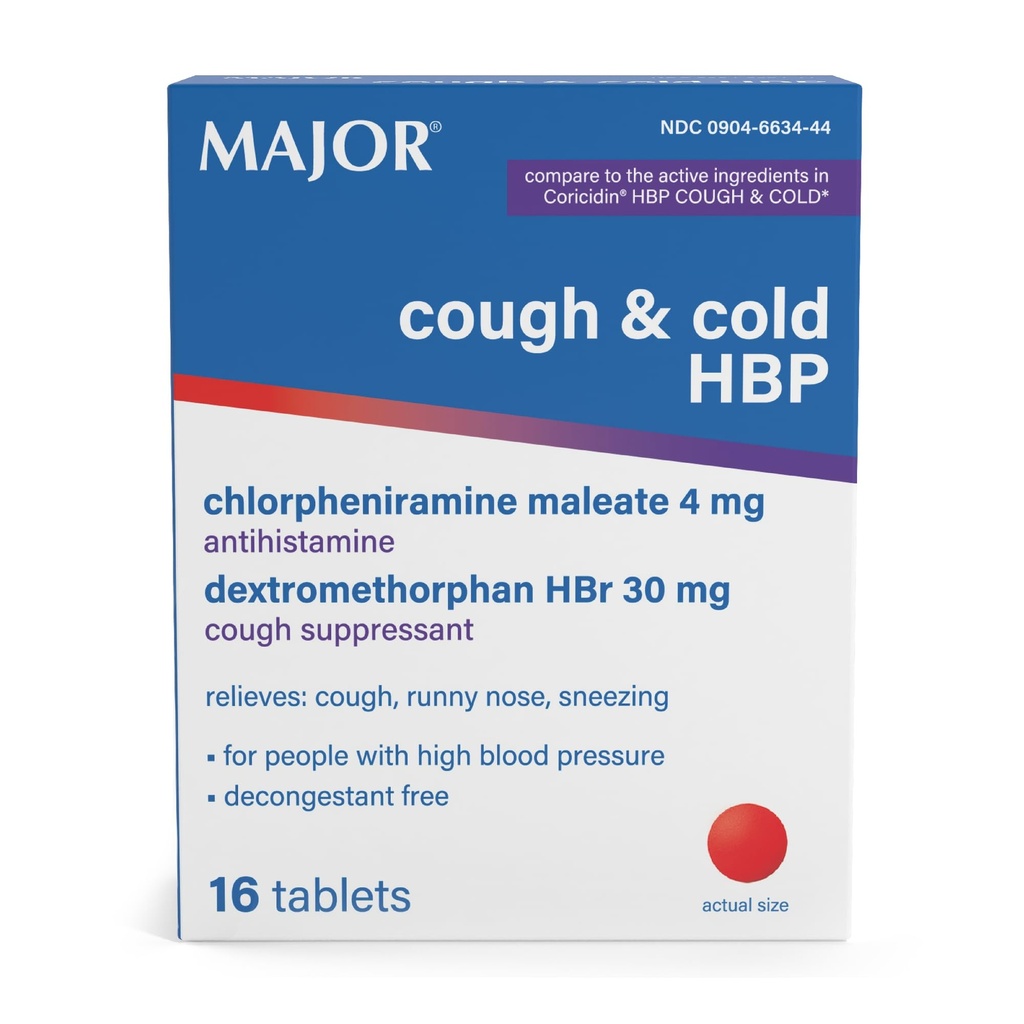 주요 기침과 찬 HBP 정제 - 고혈압을 가진 사람들을 위한 항히스타민과 기침 억제제 - Dextromethorphan HBr, Chlorpheniramine Maleate - 16 조사 (1 팩)