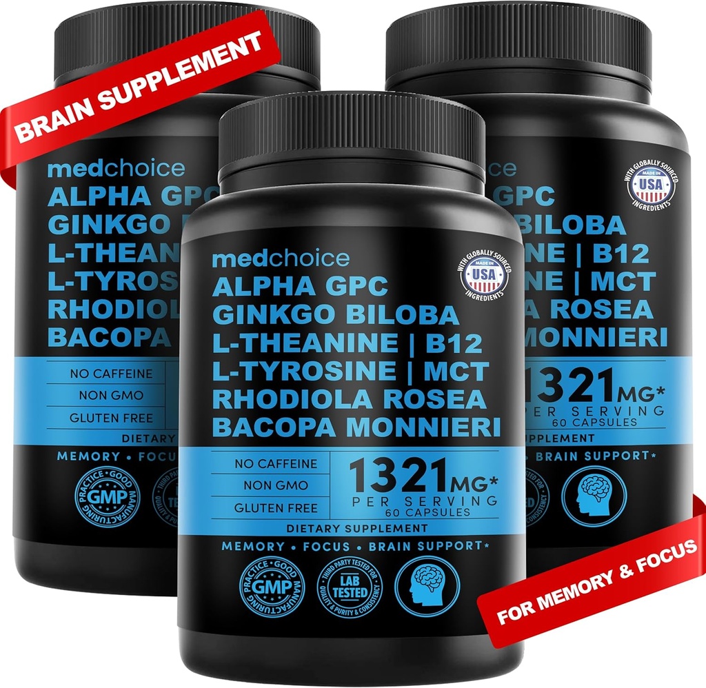 12-in-1 Nootropic 뇌 보충교재 무수성: 뇌 지원, 기억 및 초점 - B12, 알파 GPC, L Theanine를 위한 Ginkgo Biloba 및 콜린 보충교재 Bioperine 비 Caffeinated 1321mg (180ct)