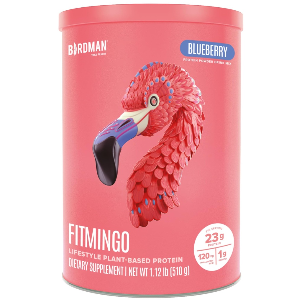 BIRDMAN Fitmingo Vegan Protein Powder with Inositol, Collagen Boosters, Hyaluronic Acid and Vitamins | 낮은 Carb, Dairy Free, Low Calorie | 23g 플랜트 기반 블루베리 단백질 파우더 Myo-Inositol