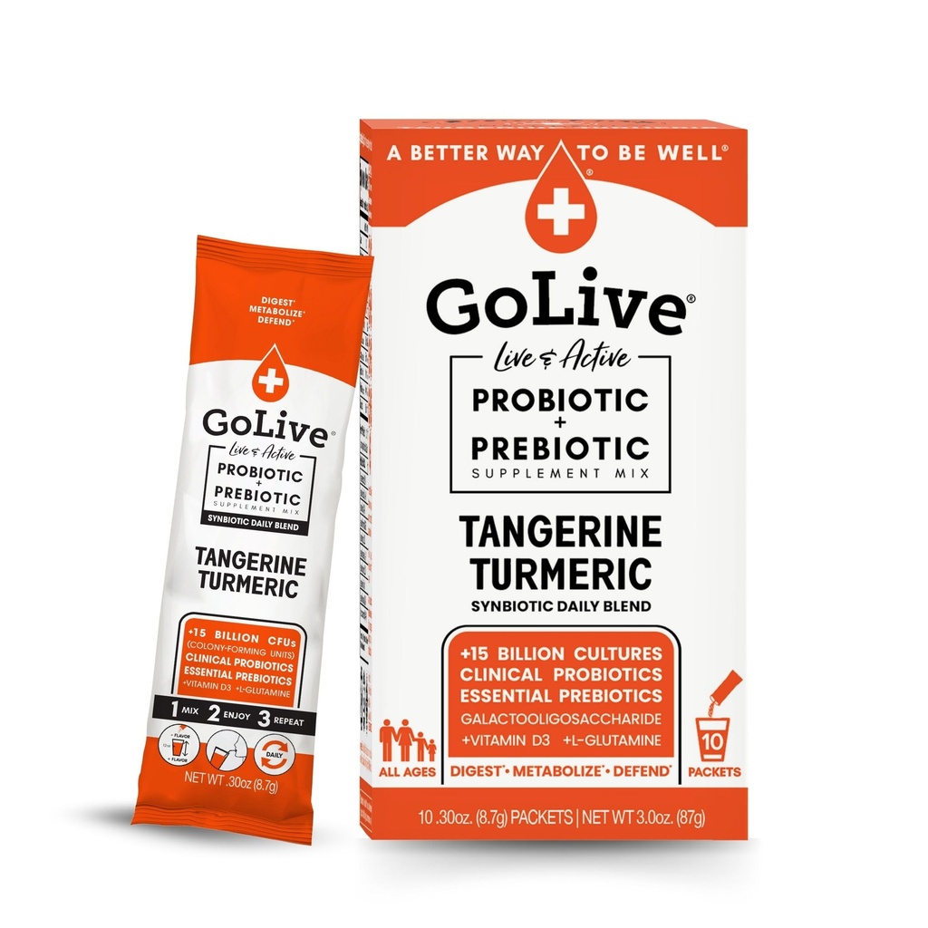 GoLive Prebiotic and Probiotic for Women, 남성, 아이. Tangerine 심황 Synbiotic 분말 w/L 글루타민, 비타민 D3, 전해질. Gut 건강, 소화, 대사, 면역력 15-50B CFUs를 위해.