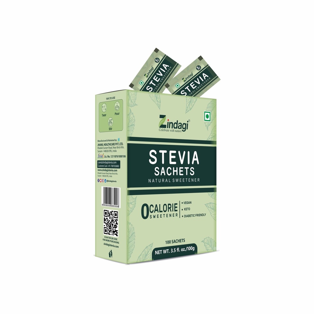 Zindagi Stevia Sachets | Natural Sugar Free | Diabetic Friendly Sweetener | 100 Sachets